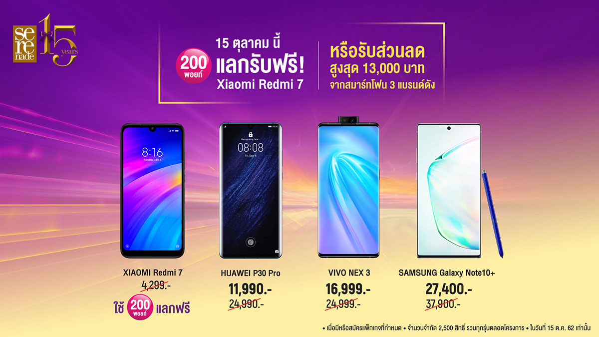 200 พอยท์ แลกรับฟรี Xiaomi Redmi 7 หรือรับส่วนลดสูงสุด 13,000 บาท